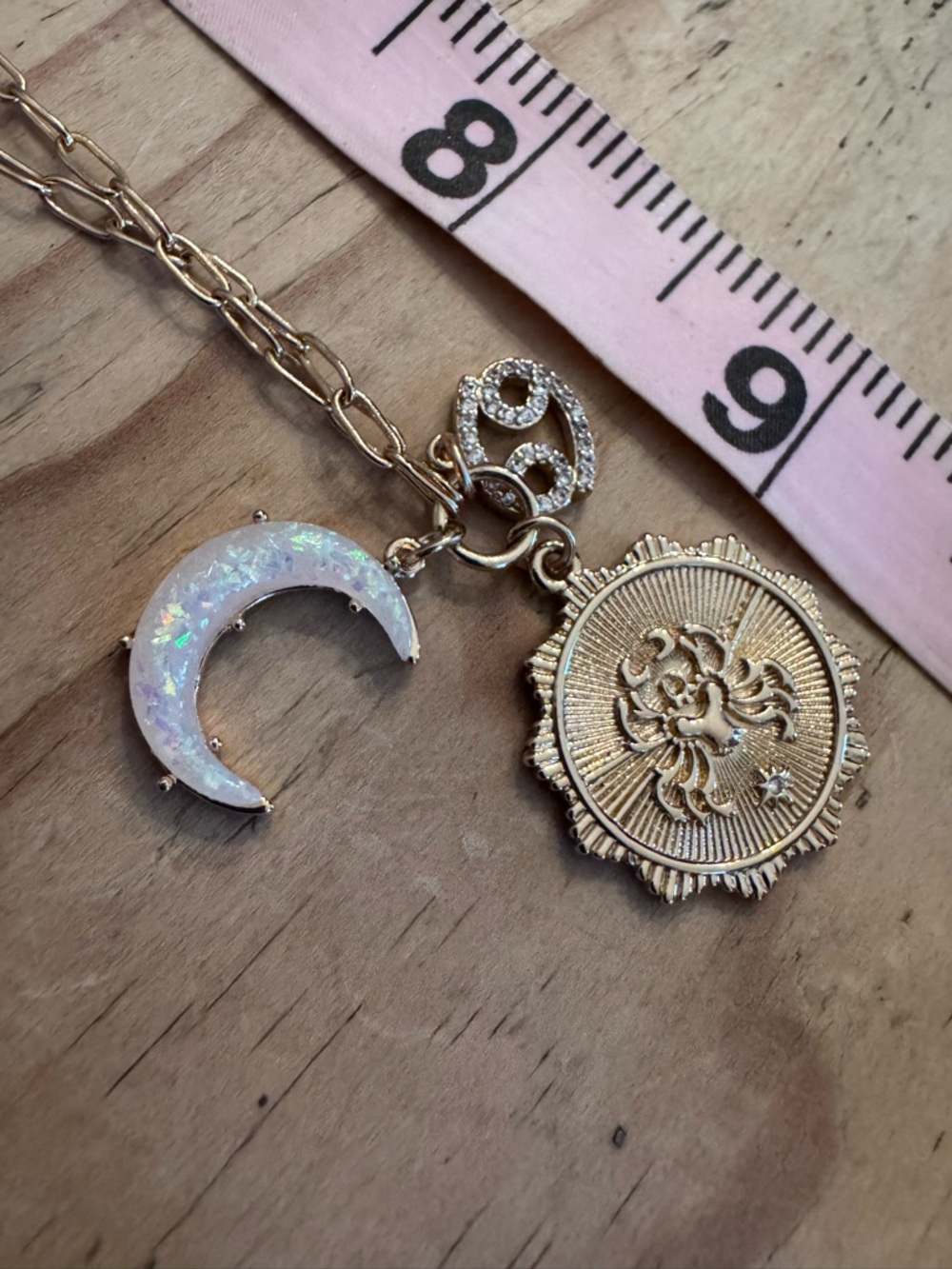 Cancer ♋️ gold plated Medallion & Opalite Moon Pendant Necklace - White/Gold
